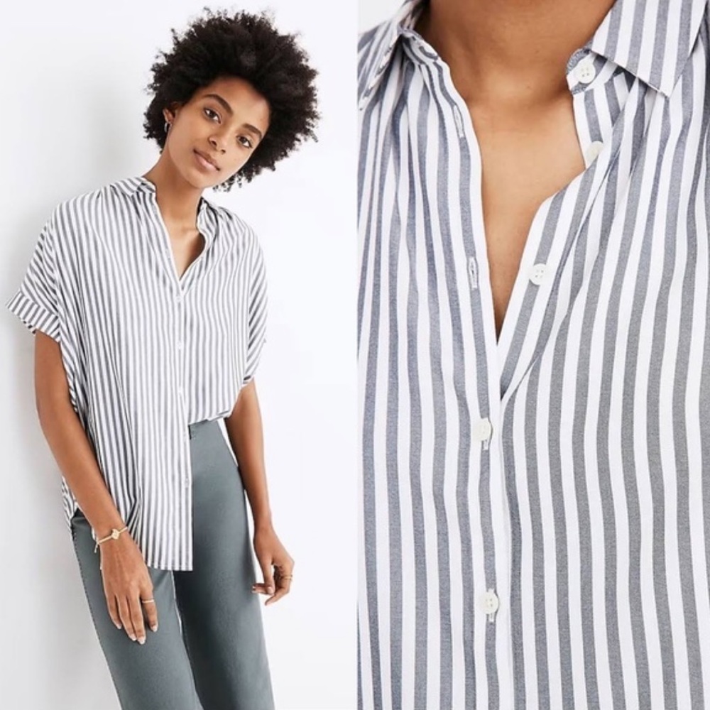 Madewell Striped Button-Down Short-Sleeve Blouse in White and Gray